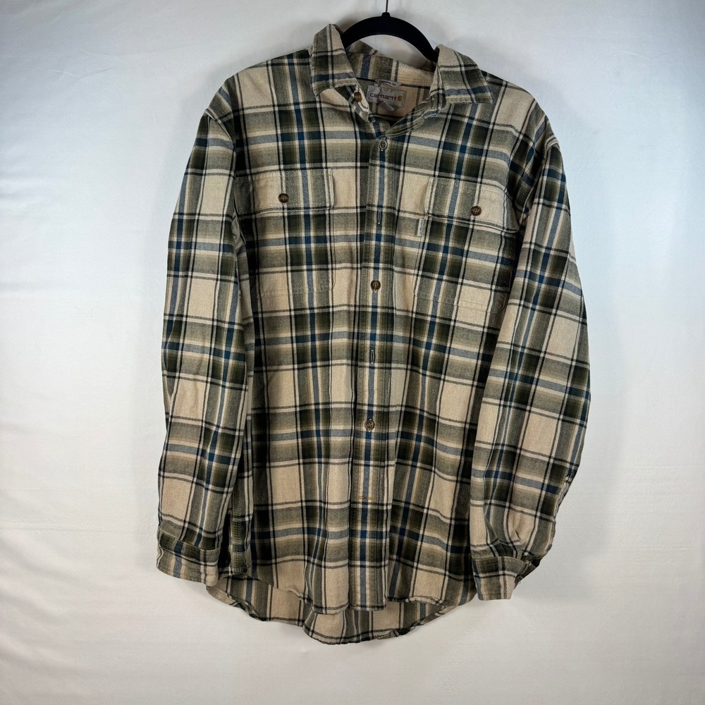 Carhartt Mens Plaid Flannel Shirt Original Fit Long Sleeve Cotton Tan Green L